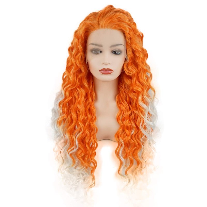 Meiyite Hair Curly Long 26inch Two Tone Orange White Ombre Heavy Density Realistic Synthetic Lace Front Wigs