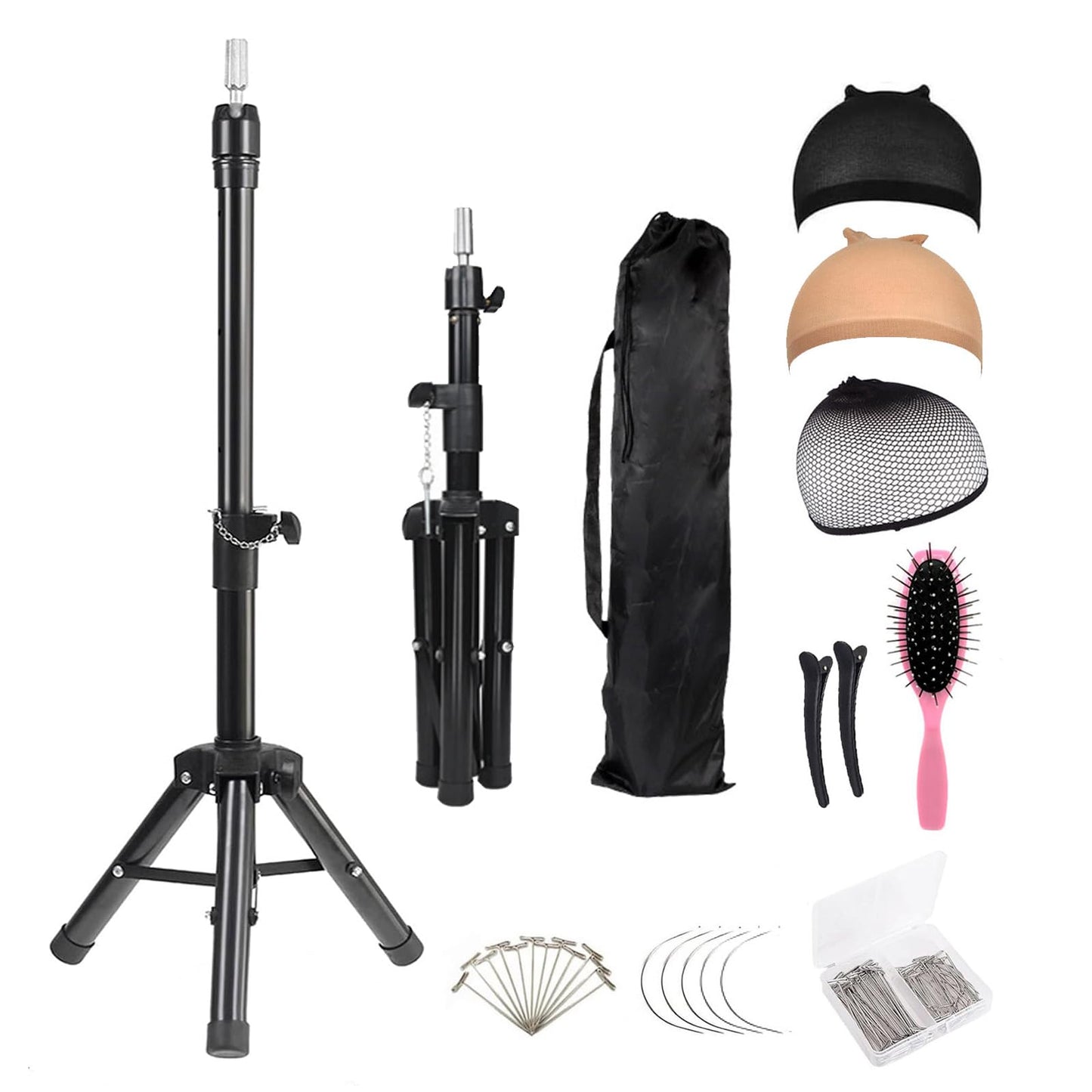 Reinforced Wig Stand Tripod 59" Heavy Duty Adjustable Mannequin Head Stand Tripod for Styling Cosmetology Hairdressing Training, Pink Wig Head Stand Sets with Wig Caps,Comb,Hair Clips, T-Pins,Headband