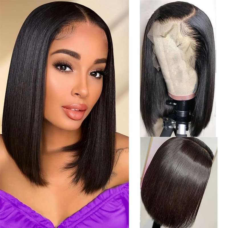TONGMAY Lace Front Bob Wigs Human Hair 13x4 HD Lace Glueless Bob Wig Human Hair Short Straight Frontal Wigs for Women Pre Plucked with Baby Hair 180% Density Natural Black 14 Inch