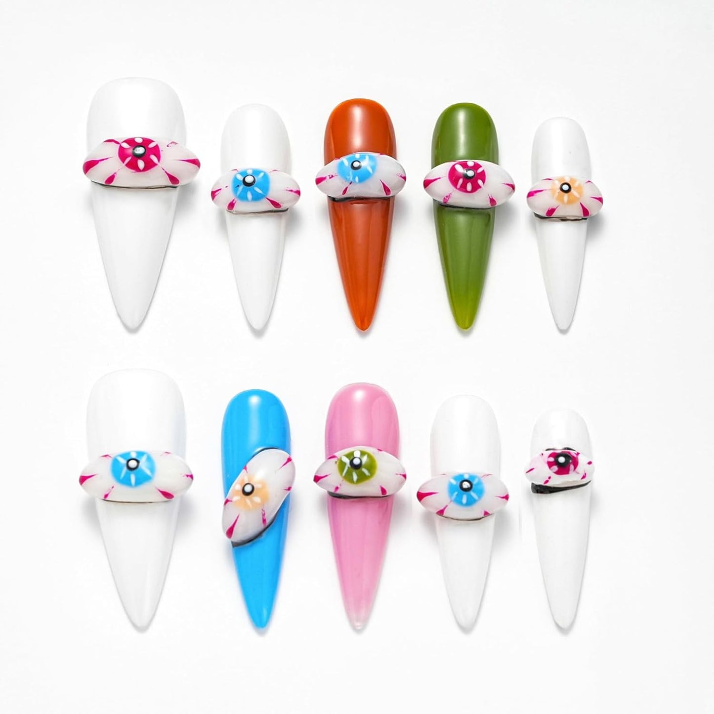 Colorful Handmade Devil Eyes Press-On Nails - Long Stiletto 3D False Nails for Women | 10 Pcs Set with Glue (White-S)