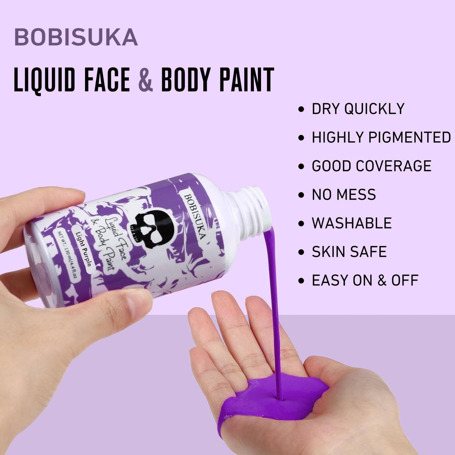BOBISUKA Light Purple Face Body Paint Liquid Texture Washable Non Toxic Facepaint Fast Drying Foundation Makeup for Halloween Ursula Dabi Widowmaker Cosplay SFX Costume Party Large Capacity(130ml)