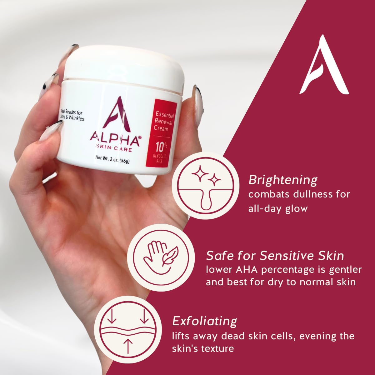 Alpha Skin Care Essential Renewal Cream, 10% Glycolic AHA, Anti-Aging Formula, Reduces Lines & Wrinkles, Alpha Hydroxy Acid Exfoliates for Smoother Skin, Normal, Sensitive or Dry Skin, 2 Oz, Pack of 2