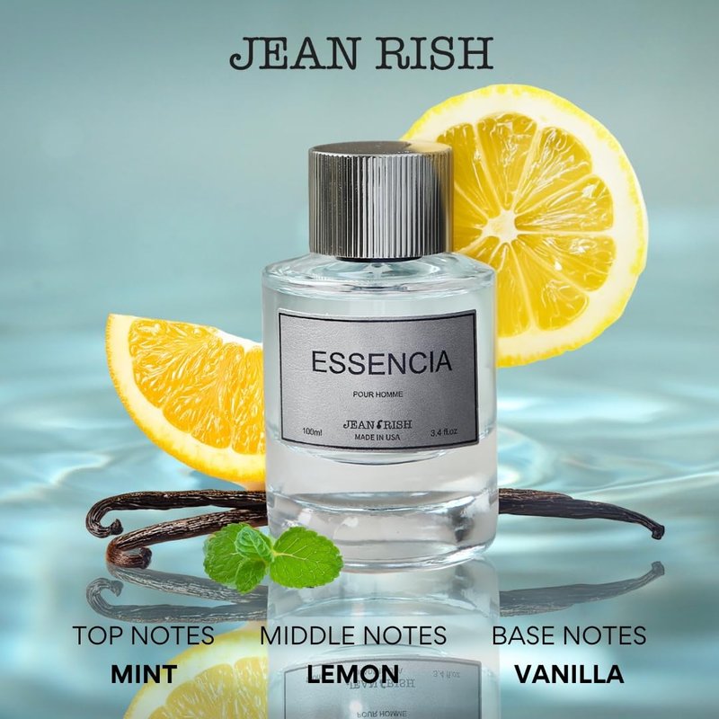 Jean Rish Essencia Perfume for Men Eau De Parfum, Long-Lasting Luxury Fragrance, Made In USA - Mint, Lemon, Bergamot, Vanilla, Cedar, Amber, Musk Scent - 100ml / 3.4 oz