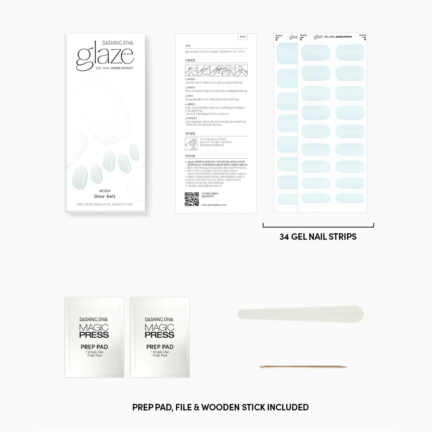 Dashing Diva Glaze Semicured Gel Nail Strips - Blue Salt | Long Lasting, Chip Resistant | LED Nail Lamp Compatible | 34 salon-quality wraps, 2 prep pads, 1 nail file