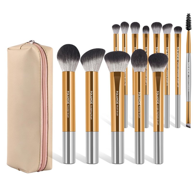 Premium Synthetic Makeup Brush Set - 13 PCS Travel Brushes with Case | Gold & Silver
