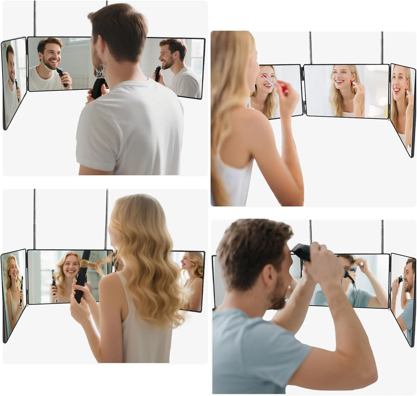 Kirli 3 Way Mirror for Self Hair Cutting – 360° with LED Lighting, Portable Trifold Mirror to See Back of Head, Adjustable Hooks, Ideal for Men & Women Styling (Black - with Led)