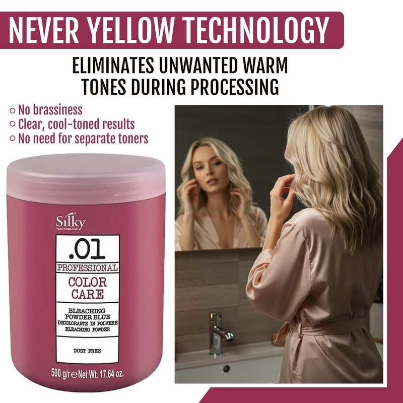 Silky Technobasic .01 Hair Bleach Powder with Blue Micro Pigment - Anti-Yellow Action Bleach for Dark Hair with Fast Lightening & Up to 7 Lifting Tones - Bleaching Powder Ideal for All Hair Types