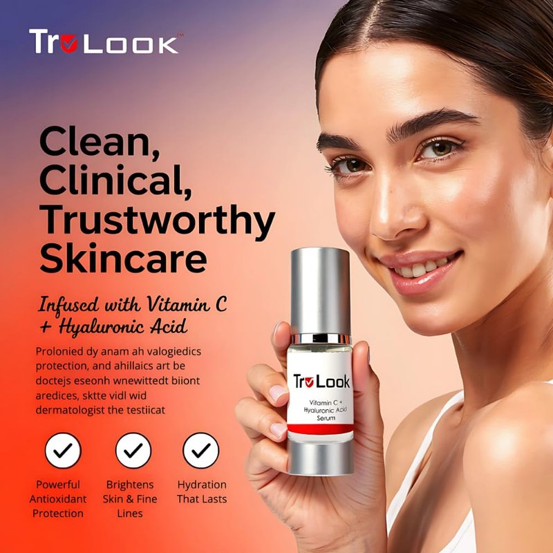 TruLook Vitamin C + hyaluronic Acid Serum for face, Anti Aging, Anti Wrinkle, Improves Dark Spots, Tone, & Fine Lines Made in USA
