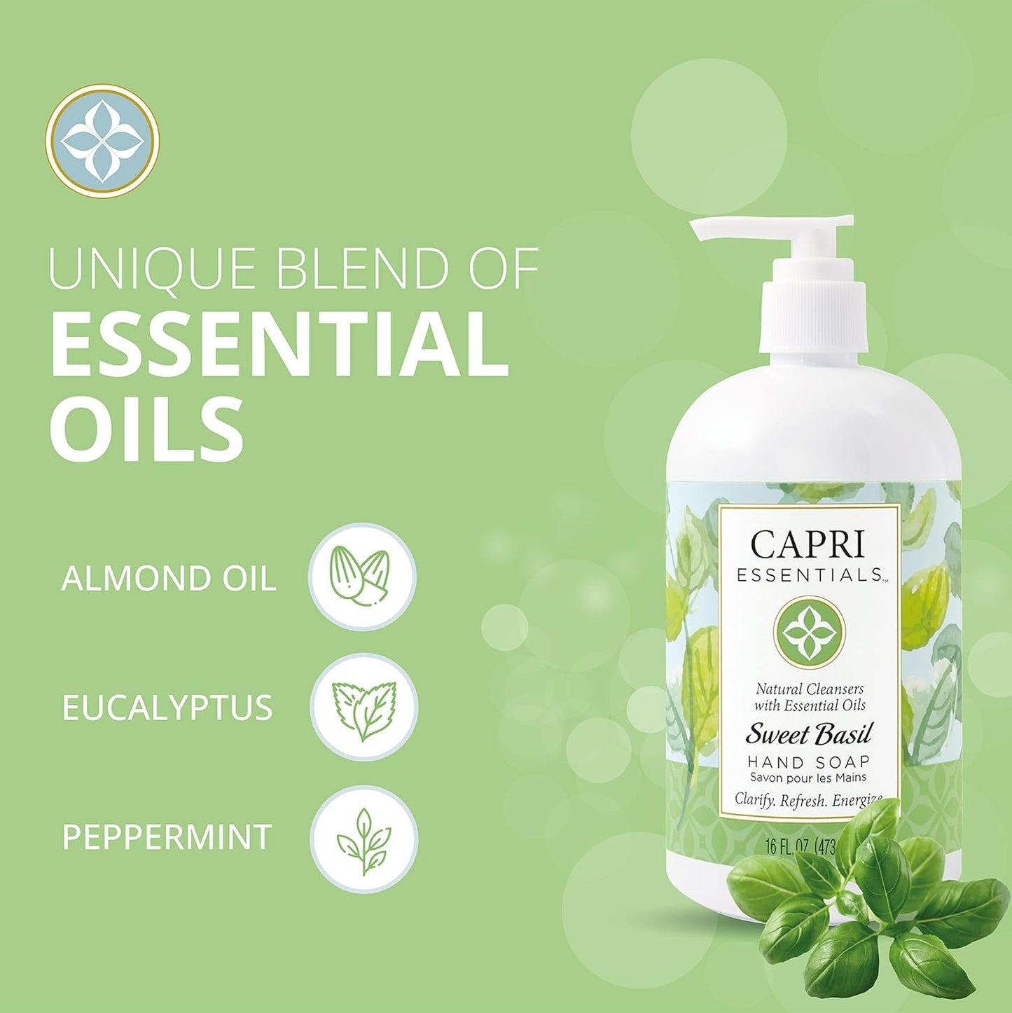 Capri Essentials Hand Soap Liquid, Natural Household Cleaning Supplies, Gentle Plant Based Aromatic Hand Wash with a Blend of Essential Oils, Removes Dirt & Grime, Sweet Basil Scent, 16 FL Oz (6 Pack)