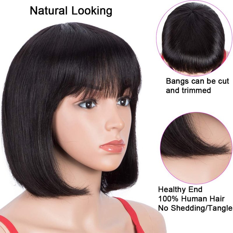 Spotlight 8 Inch Straight Bob Wig with Bangs Human Hair 180% Density Short Bob Human Hair Wigs with Bangs None Lace Front Wigs Brazilian Straight Hair Wig for Black Women Natural Black