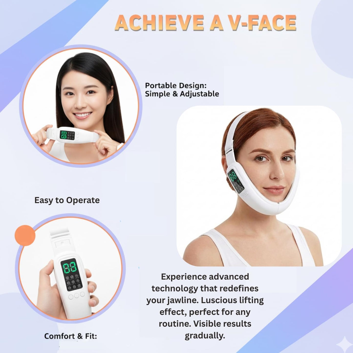 V-Face Machine | Electric Double Chin Device with 15 Intensities & 8 Modes - Includes Free 3D Face Roller for Skin Care