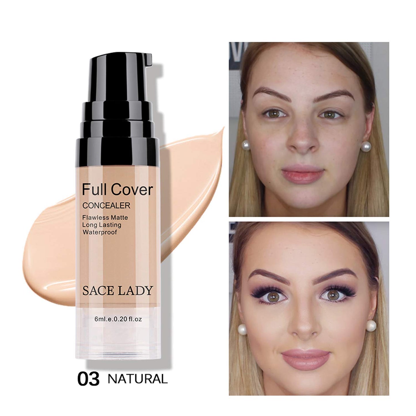 Waterproof Full Coverage Concealer With Primer Sponge Set, Smooth Matte Flawless Creamy Liquid Foundation Corrector Makeup Kit for Face Eye Dark Circles Spot Acne Scar Cover (0.2Fl, Natural)
