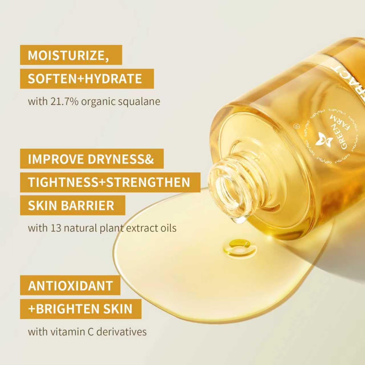 Organic Squalane Face Oil with Vitamin C - Non-Greasy, Plant-Based Formula for Dry, Sensitive Skin | 1 fl oz