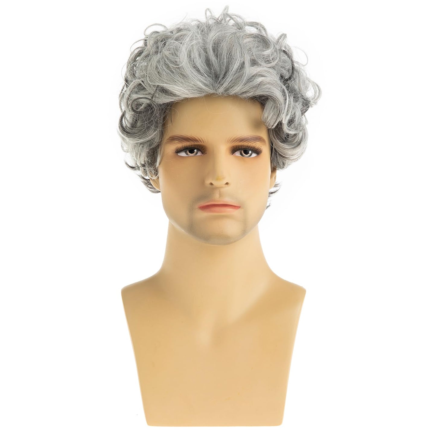 Dsimeig Mens Wig Grey Short Curly Wavy Cosplay Hair Wigs,Grey&White