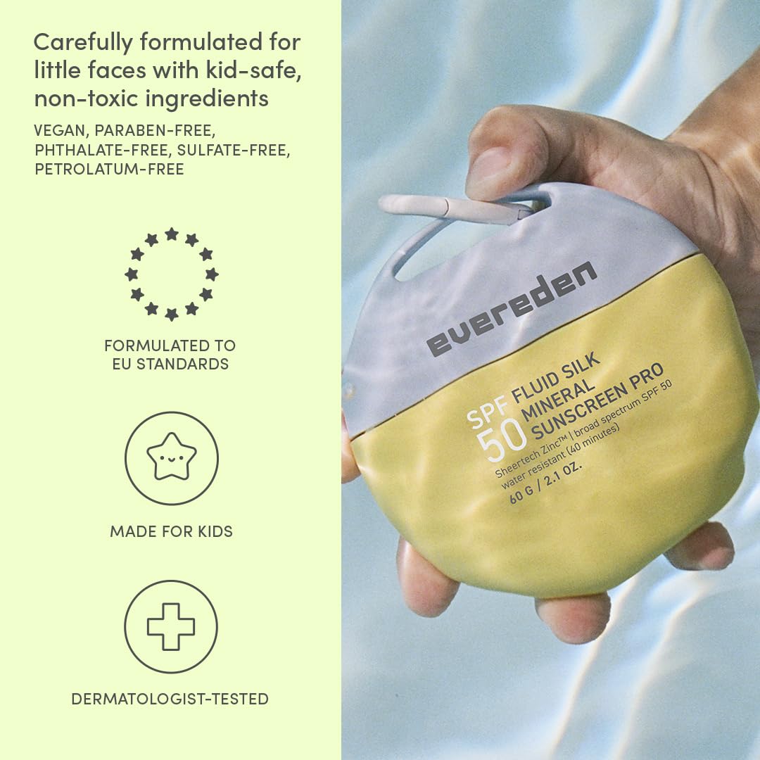 Evereden Kids SPF 50 | Fluid Silk Mineral Kids Sunscreen | Cooling Non-Nano UVA, UVB Protection | Fragrance Free & Quick Absorption | Water-Resistant for Up to 40 Mins | Beach Day Toddler Sunscreen