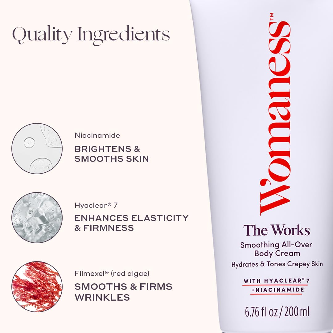 Womaness The Works All-Over Toning Body Cream, Firming Body Lotion for Women, Hydrating Body Lotion for Dry Skin with Niacinamide & Hyaluronic Acid, Anti-Aging Skin Tightening, Menopause Care - 200 ml