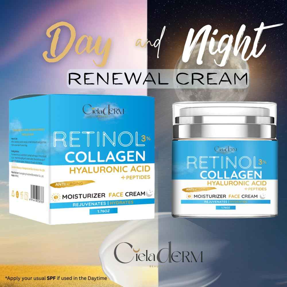 Face Moisturizer Retinol Cream with Collagen and Hyaluronic Acid | Day & Night Anti-Aging and Anti-Wrinkle Skin Barrier Hydration Cream for All Skin Types