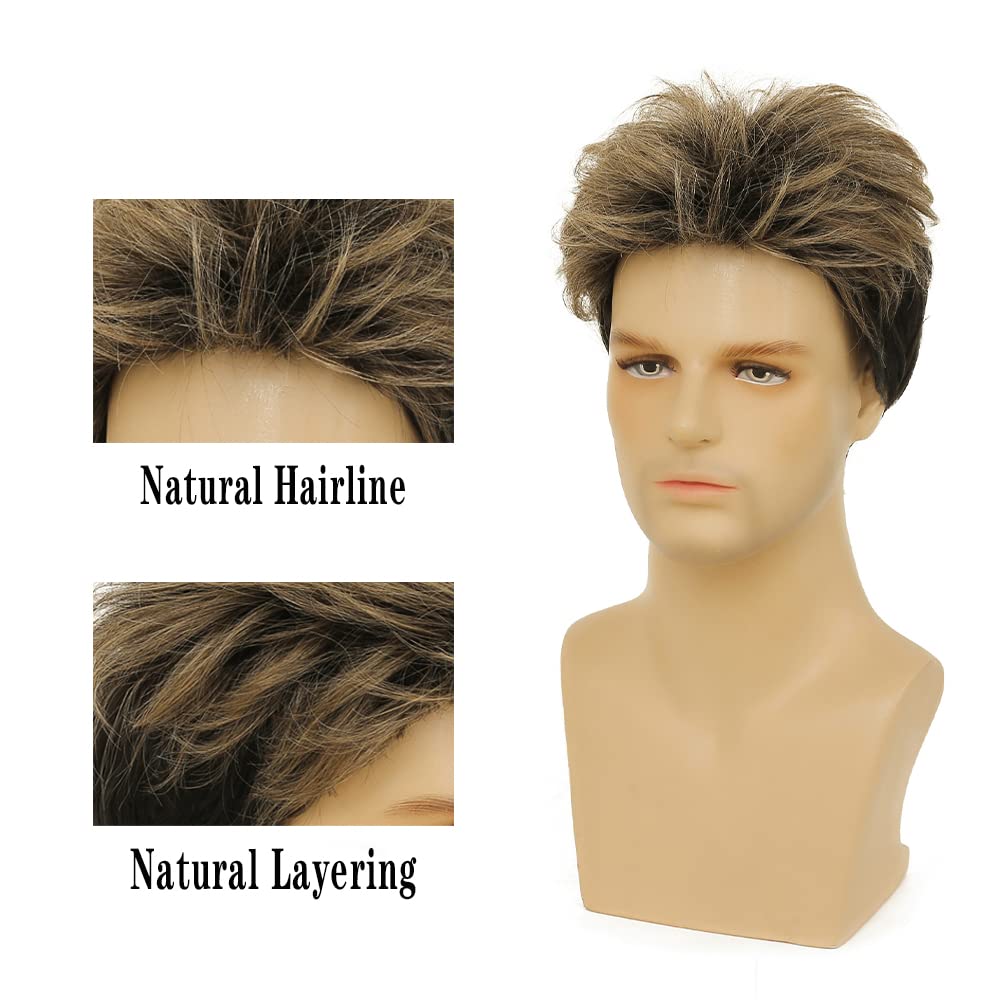 Tseses Blonde Mix Black Men Wigs Short Layered Wig for Male Guy Halloween Cosplay Party Costume Hair Synthetic Fiber Wig