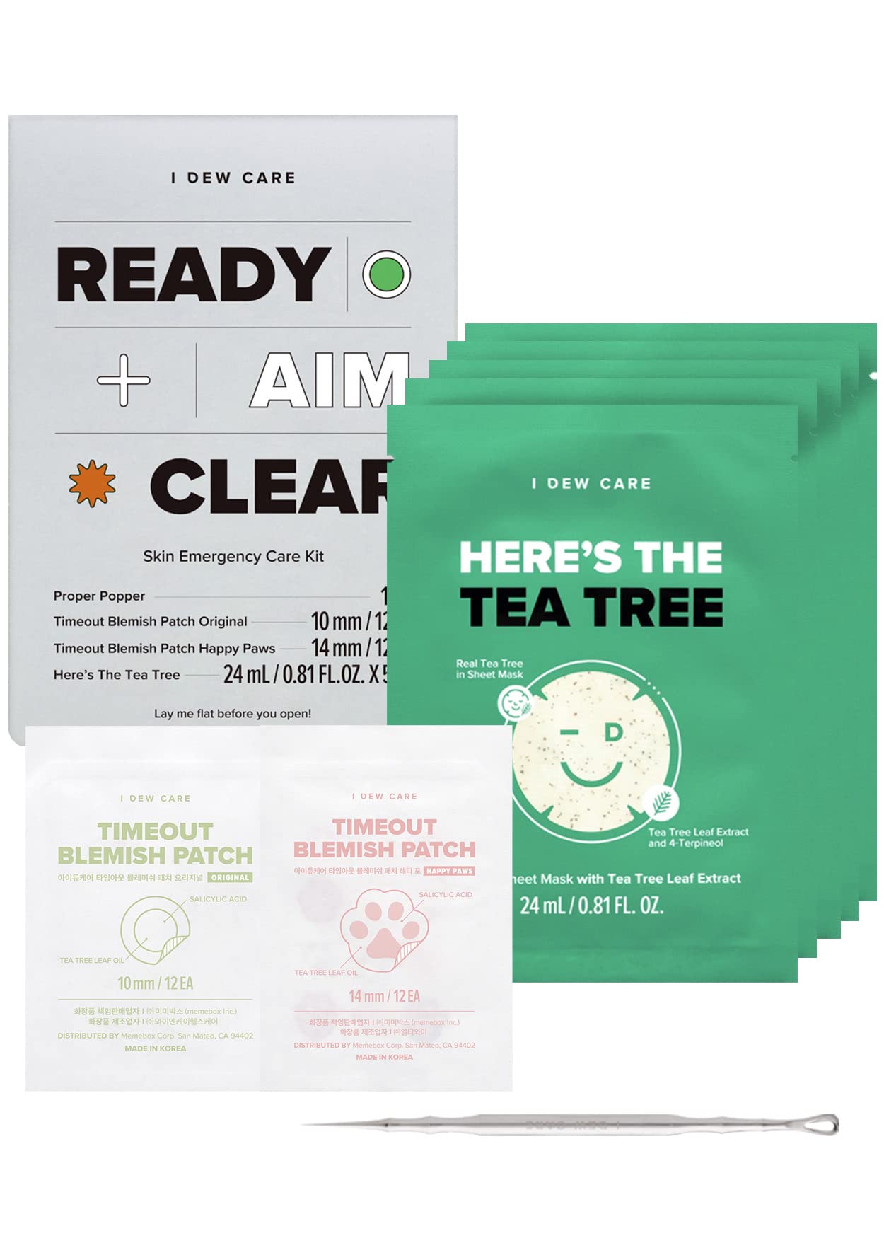 I DEW CARE Blemish Skincare Set - Ready Aim Clear | Face Mask & Acne Patch & Pimple Popper Tool, with Tea Tree Oil, Soothing & Hydrating, Treatment, Oily & Sensitive Skin