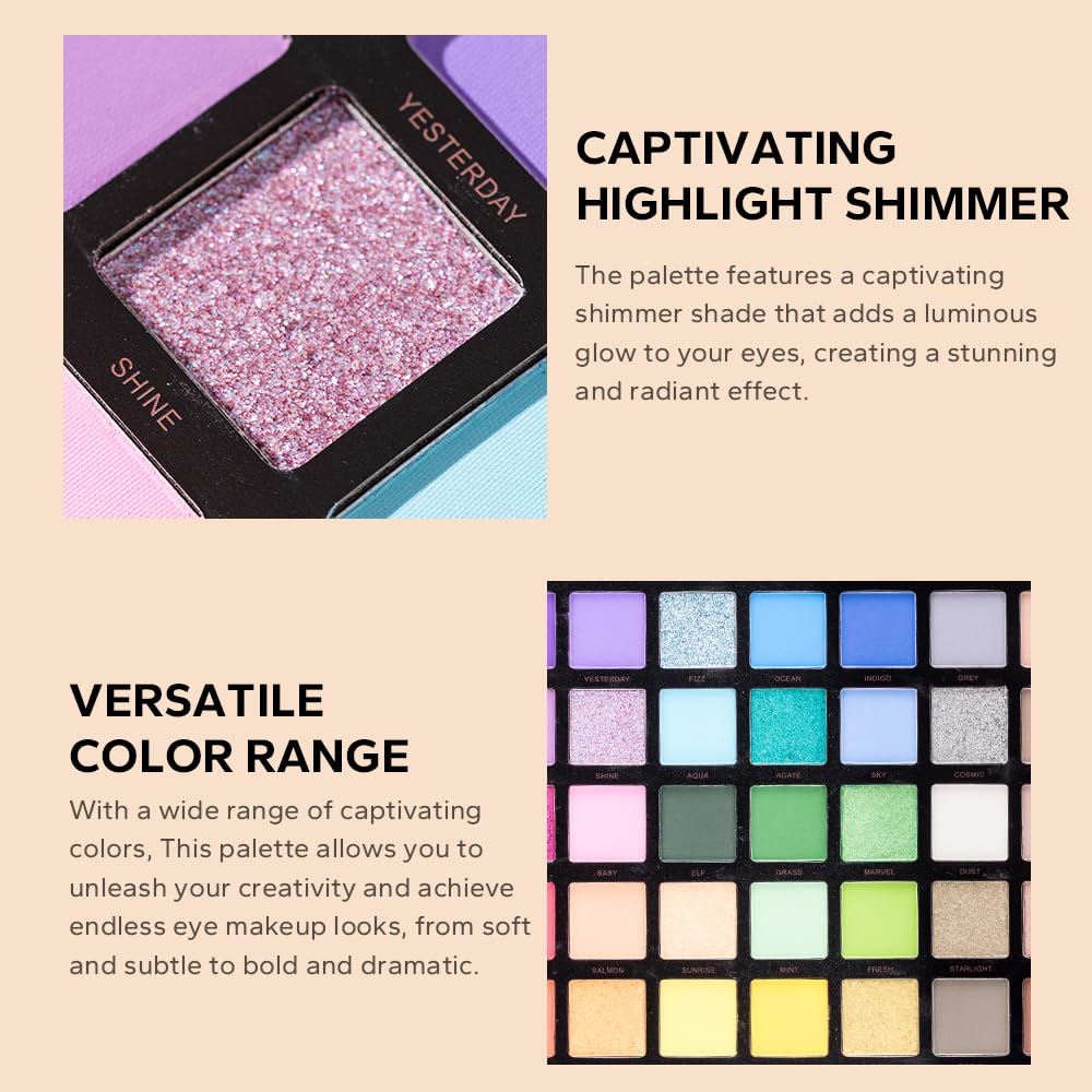 MYUANGO Bold Dimensions Eyeshadow Palette - 45 Shades of Matte, Shimmer, and Glitter in Purple, Green, Yellow, Pink, and Grey - High-Pigment, Long-Lasting, Waterproof - Blendable Formula
