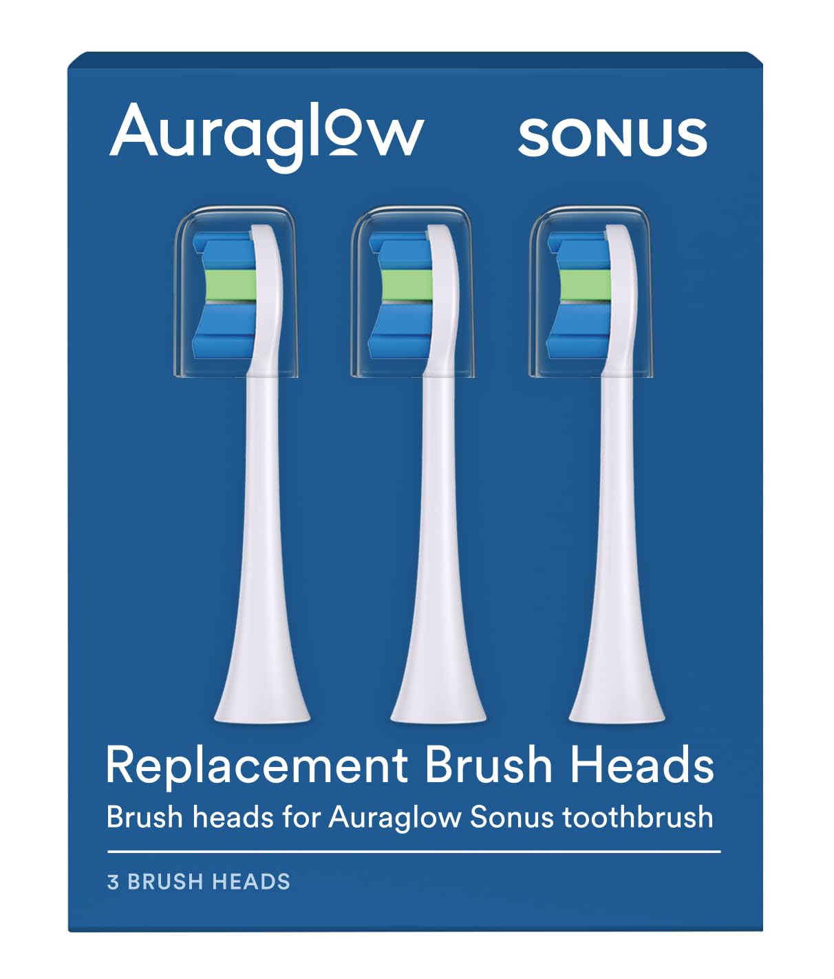Auraglow Sonus Electric Toothbrush Replacement Brush Heads with Cover Cap, 3 Count, White