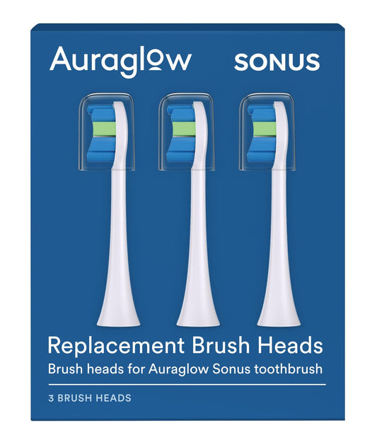 Auraglow Sonus Electric Toothbrush Replacement Brush Heads with Cover Cap, 3 Count, White