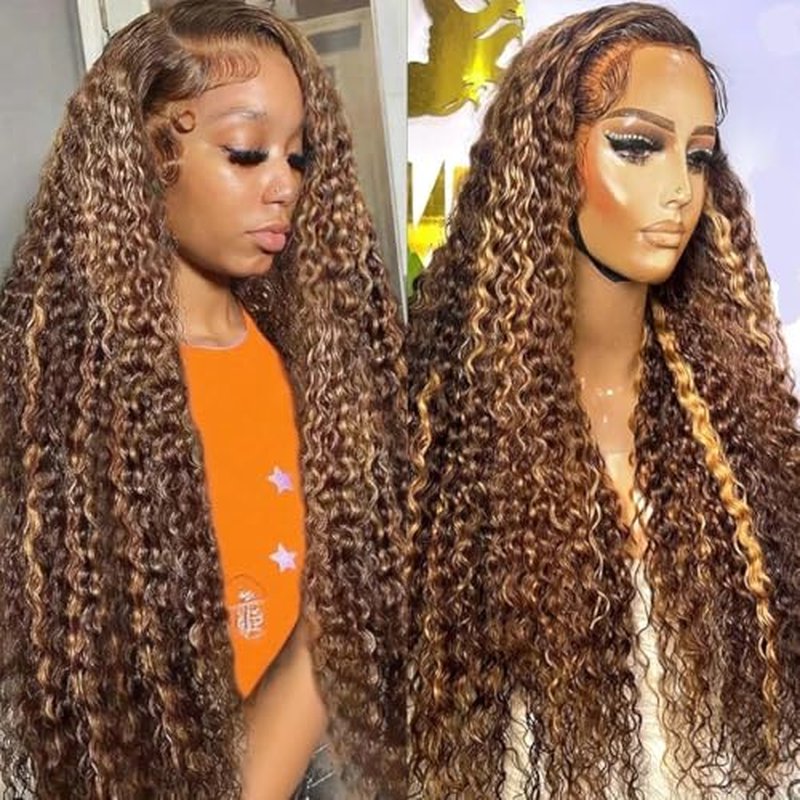 Highlight Lace Front Wig Human Hair 13x4 Ombre Deep Wave Wigs Human Hair 180% Density Honey Blonde Colored Deep Curly HD Lace Frontal Wigs for Black Women Wet Wavy Pre Plucked with Baby Hair(26 Inch)