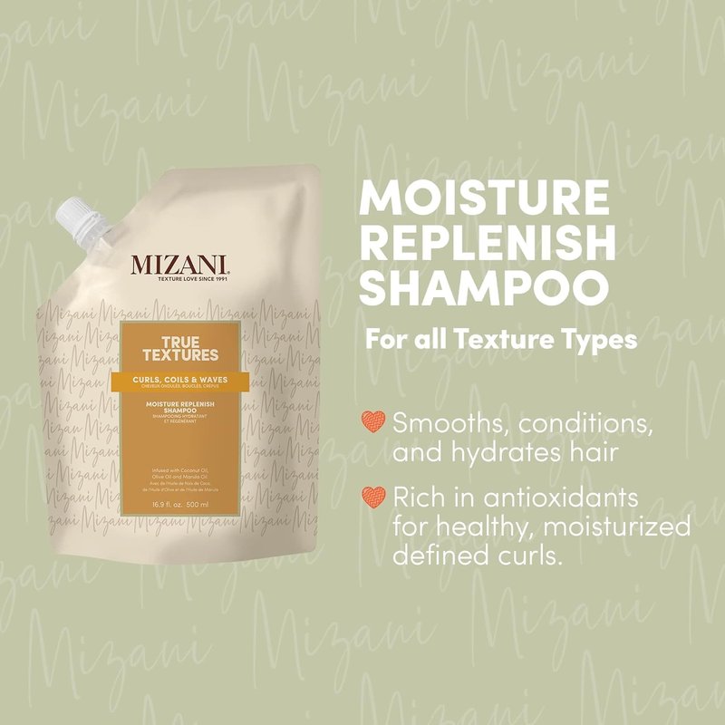 Mizani True Textures Moisture Replenish Shampoo - Smooths & Hydrates, With Coconut Oil, Sulfate & Paraben-Free, for Natural Curly Hair, 16.9 Fl Oz