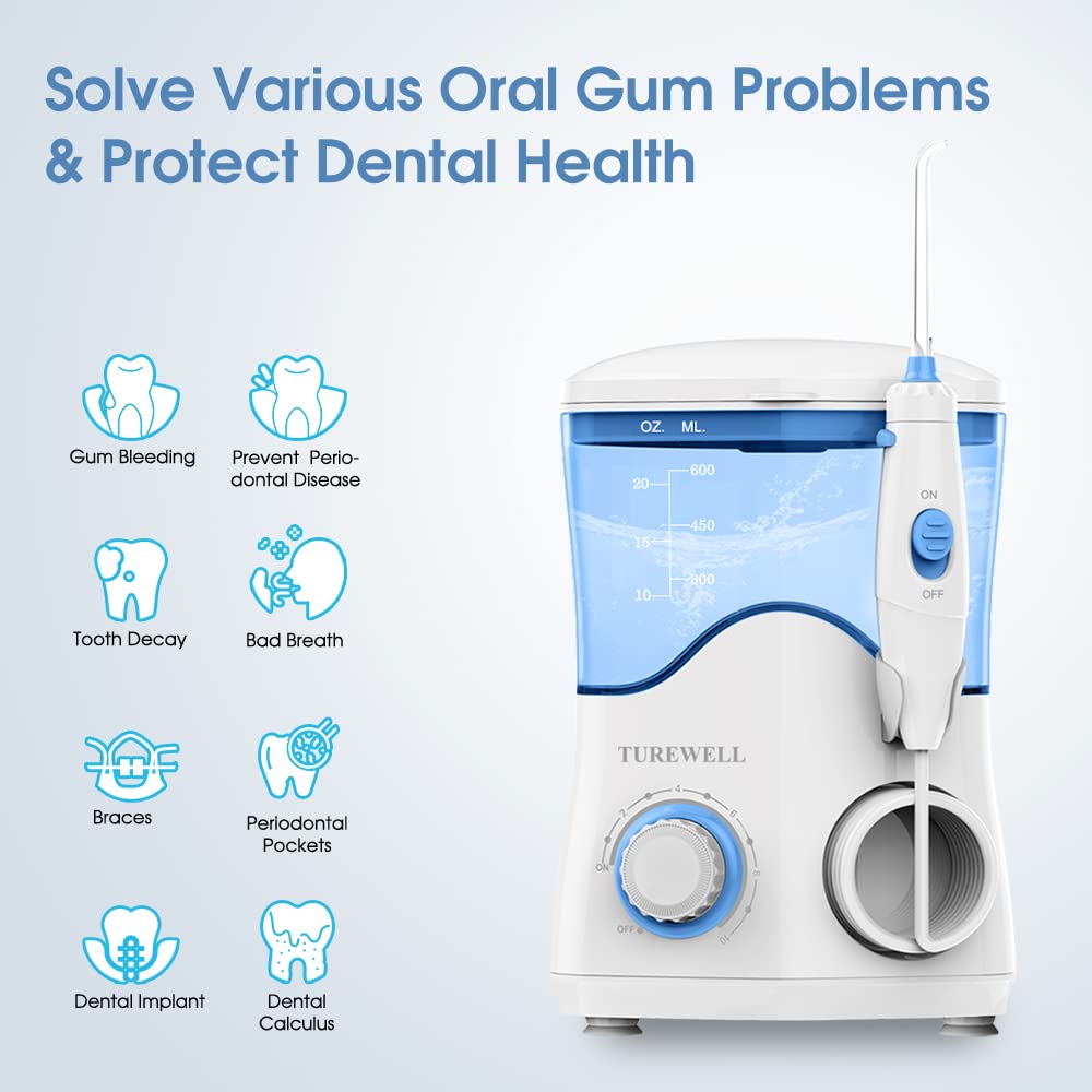 TUREWELL FC162 Water Dental Flosser for Teeth/Braces,10 Pressure Levels, 8 Water Jet Tips for Family, 600ML Electric Water Dental Oral Irrigator for Teeth-Clean (White)