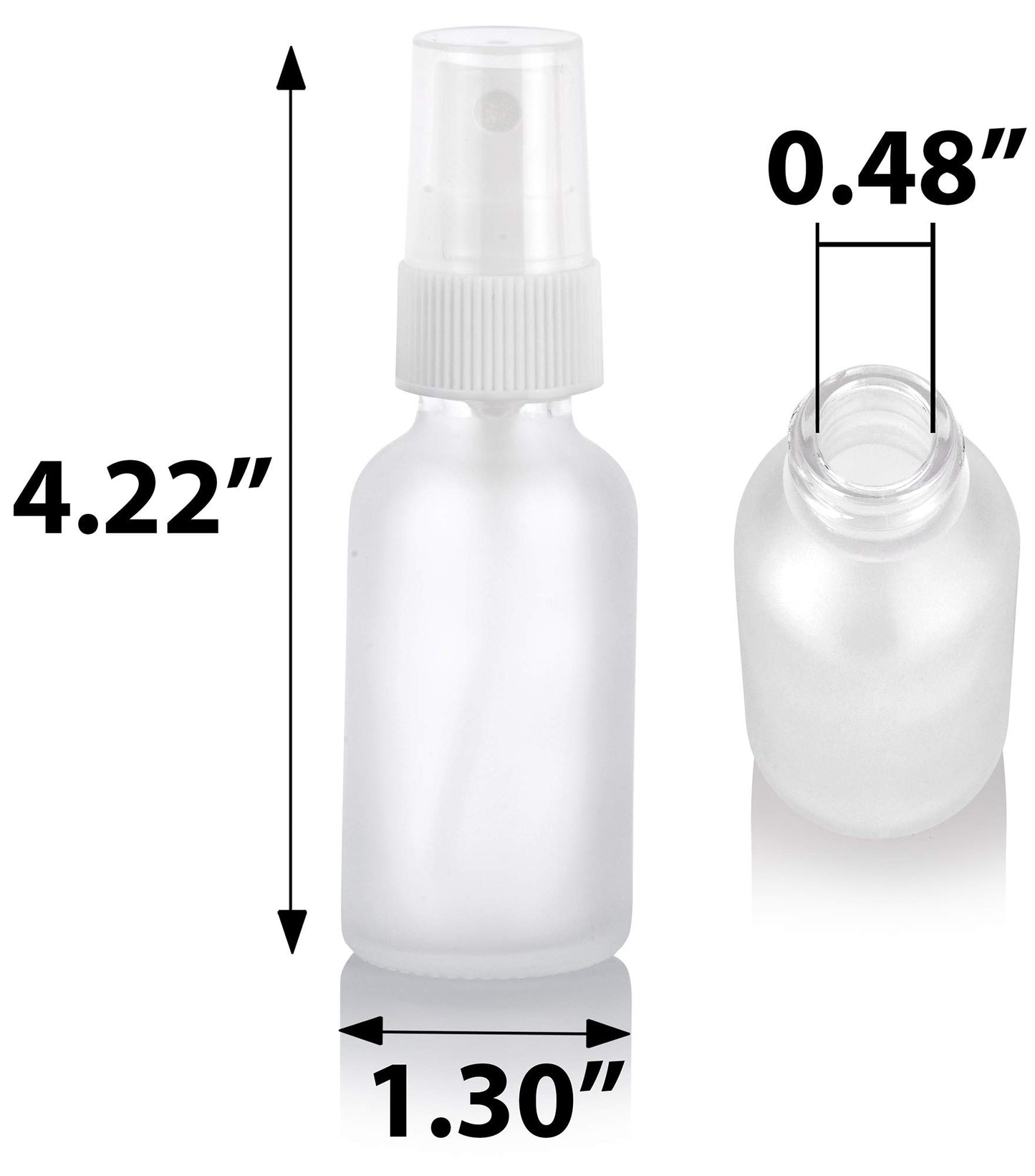 JUVITUS (24 pack) 1 oz Clear Frosted Glass Boston Round Bottle with White Fine Mist Spray + Funnel
