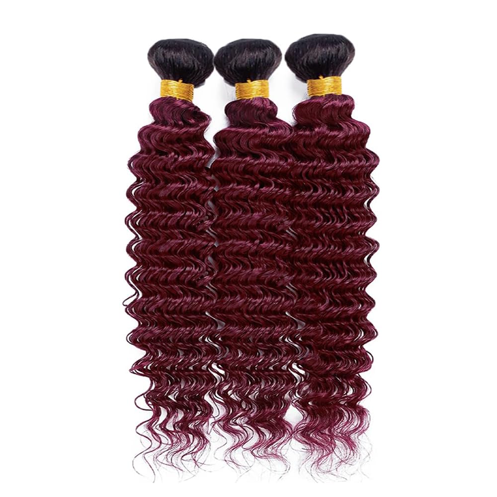 24 26 28 inch 1b99j Burgundy Bundles Human Hair Burgundy Deep Wave Bundles Double Weft Human Hair Bundles Two Tone Black To Wine Red Deep Wave Unprocessed Brazilian Hair Extensions