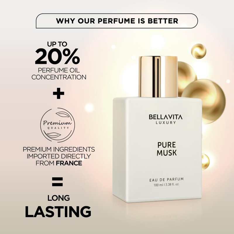 Bellavita Luxury Pure Musk Eau de Parfum | 100 ml (3.4 fl.oz.) | Perfume for Men and Women | Floral, Lily of the Valley, Sandalwood, Tolu Balsam Notes | Long Lasting Unisex Fragrance