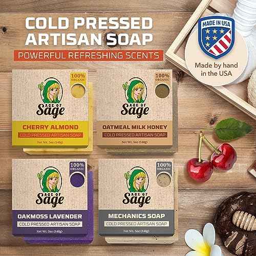 Moisturizing Cold Process Artisan Natural Bar Soap Gift Set for Women - 4pk Honey & Him Scent: Cherry Almond, Oatmeal Milk Honey, Oakmoss Lavender, & Mechanics Soap