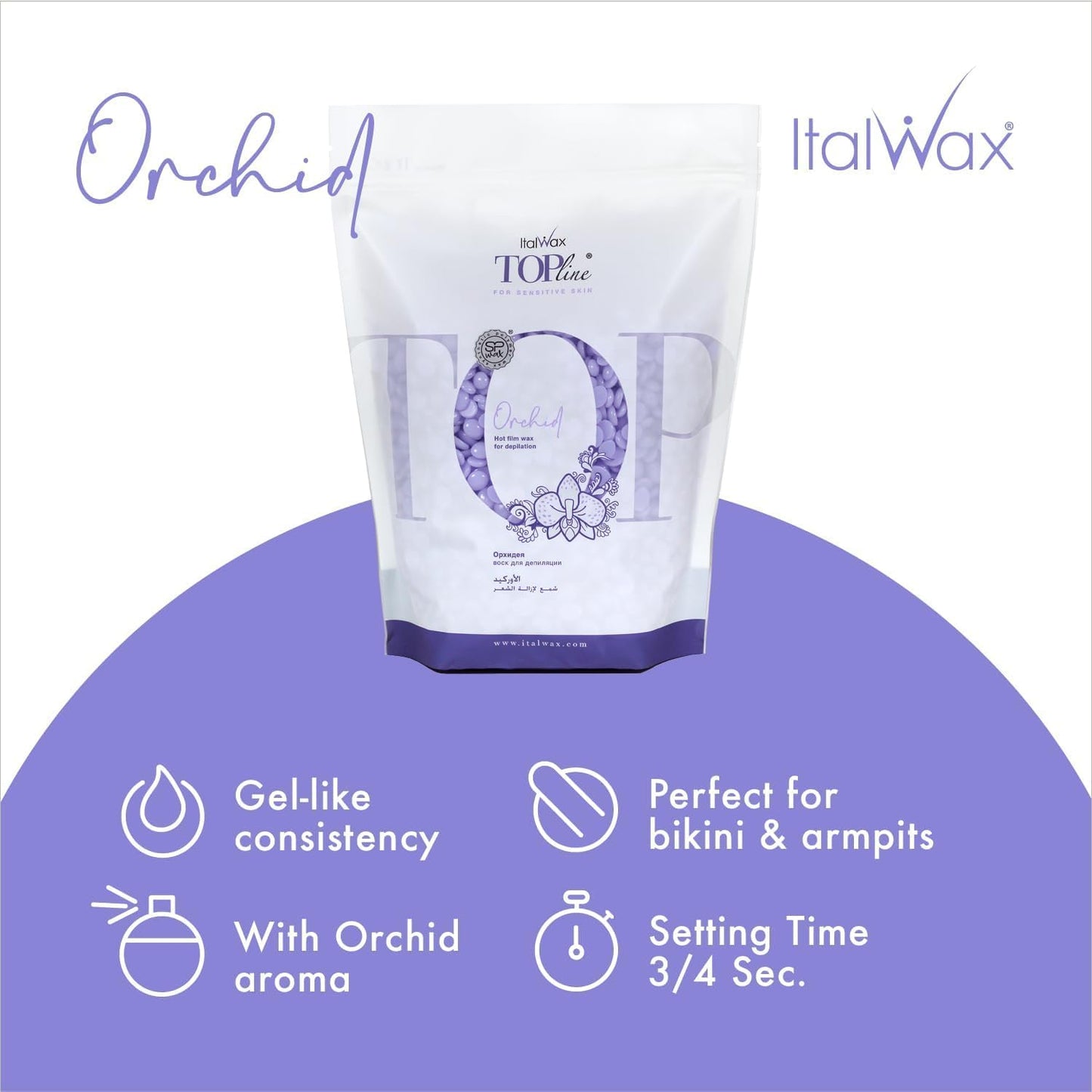 Italwax Top Line Orchid Hard Wax Beads 1.65 lb (750 g) – Transparent Fast-Setting Jelly Wax with Floral Fragrance for Bikini & Underarms, Strong Grip, Professional Use – Made in Italy