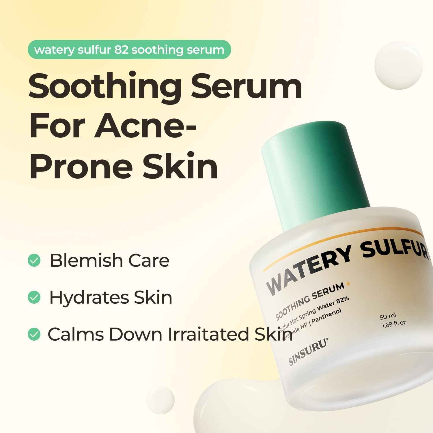 SINSURU Watery Sulfur 82 Soothing Serum – Gentle Daily Face Serum for Acne-Prone & Sensitive Skin with 82% Sulfur Hot Spring Water, Fragrance-Free Formula | Korean Skincare (1.69 fl.oz / 50ml)