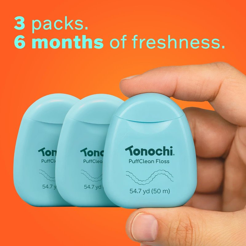 Tonochi PuffClean Extra Soft Dental Floss for Sensitive Gums, Expanding Floss, PFAS Free, Gentle Deep Clean, Mint + Xylitol, 3-Pack (164 yd Total)