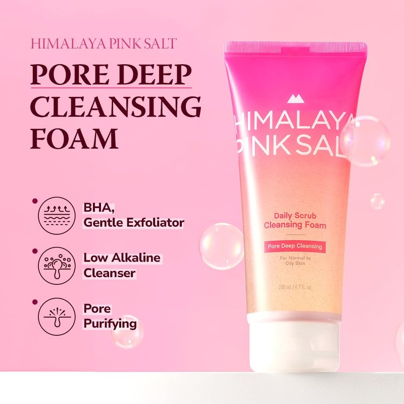 HIMALAYA PINKSALT Daily Scrub Cleansing Foam Pore Deep Cleansing, 6.7 fl oz 2 Pack - BHA facial cleanser for oily skin, Pore Cleaner, Facial Scrub, Low Alkaline Facial Cleanser, Korean Skin Care