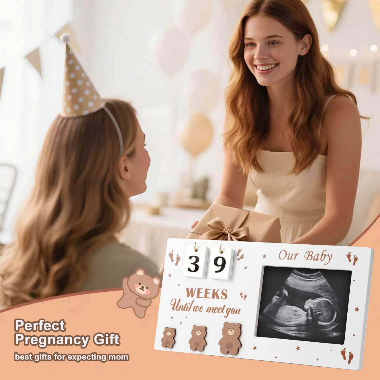 DACO MIN Baby Sonogram Picture Frame with Countdown Weeks, 4"x3" Ultrasound Photo Frame with Inkless Handprint Kit, Bear Pregnancy Announcement Gift for Expecting Mom Dad, Grandparents Reveal (Brown)