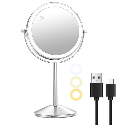 10X Lighted Makeup Mirror with Magnification 8" Stand Up Double Sided Magnifying Mirror with Lights 3 Color Brightness Adjustable Table Light up Mirror 360°Swivel Rechargable Light up Mirror