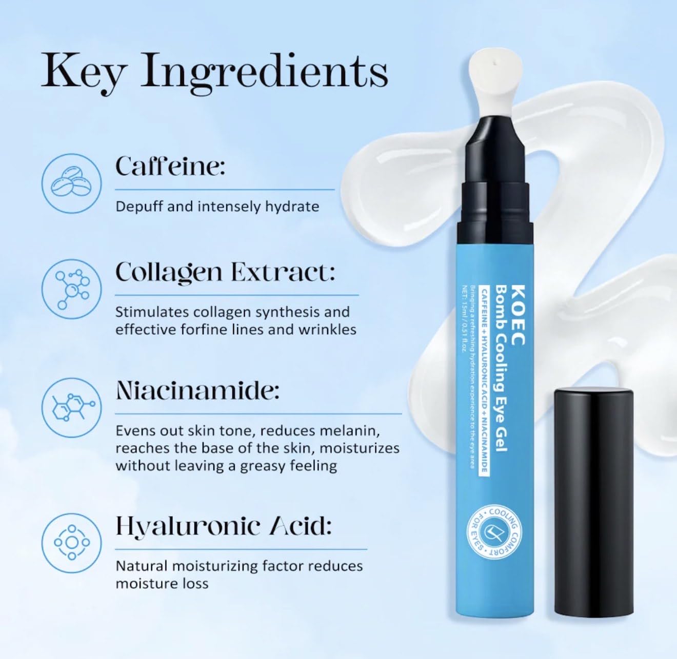 BEAUTIVANA KOEC Bomb Cooling Eye Gel, Dark Circle Reducer with Plumping and Firming Effect, 15g