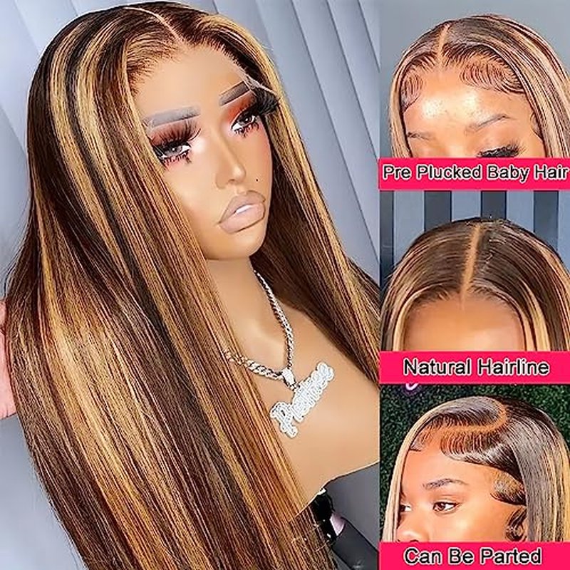 Highlight 13x4 Lace Front Wigs Human Hair Ombre 4/27 Colored Honey Blonde Lace Front Wigs Pre Plucked with Baby Hair 180% Density Straight Human Hair Lace Front Wigs For Women (26 Inch)