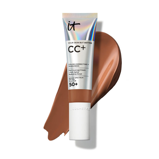 IT Cosmetics CC+ Cream (Deep) - Natural Full Coverage Foundation With SPF 50+, Color Corrector & Anti-Aging Hydrating Serum, Hyaluronic Acid + Peptides, Lightweight - 1.08 fl oz
