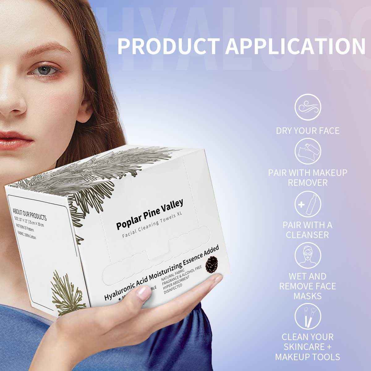 Poplar Pine Valley, Face Cleaning Towels, Makeup Remover Dry Wipes, Hyaluronic Acid, Skincare Towels for Face, Cleansing and Moisturizing, Cotton, Thick Soft, Travel, 50 Ct, 1 Pack