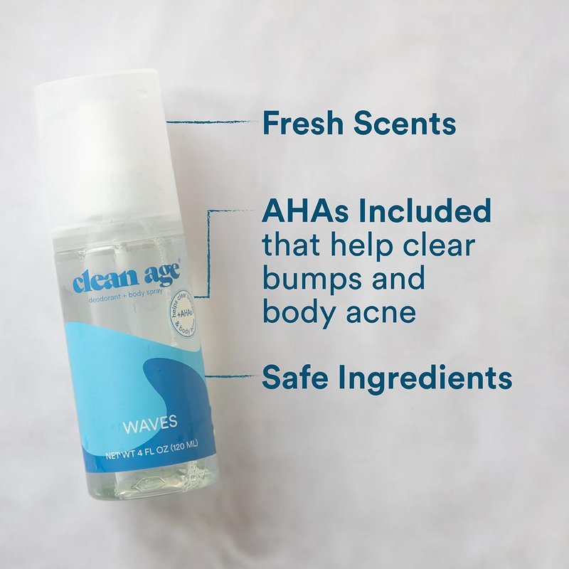 Aluminum-Free Deodorant & Body Spray - Waves | 4oz Clean Formula for Teens with AHA for Body Acne