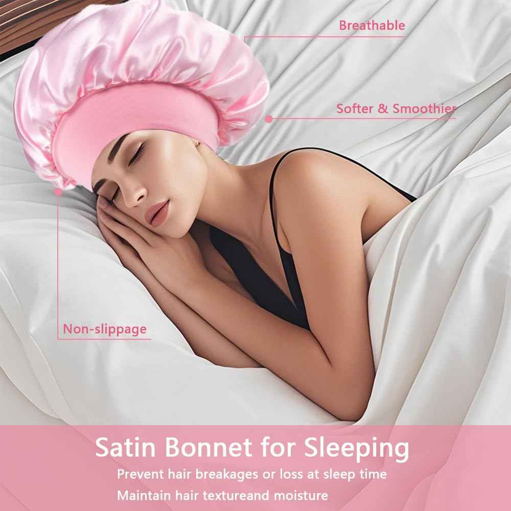 WOMEI Silk Bonnet for Sleeping Women Men - Larger Double Layer Satin Bonnet - Hair Bonnet for Sleeping - Shower Cap for Curly Hair (Pink)