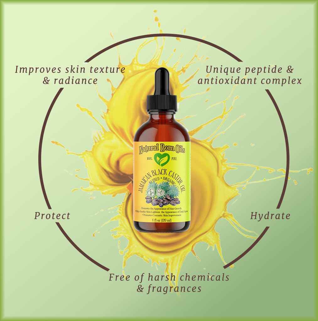 Natural Born Oils Jamaican Black Castor Oil, 16oz, Organic, Cold-Pressed, Fatty Acids, Deep Hydration for Skin, Hair Restoration