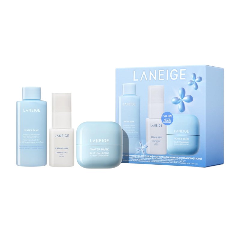 LANEIGE Daily Hydration Essential Set | Gentle Gel Cleanser, Cream Skin Mist, & Water Bank Blue Hyaluronic Cream Moisturizer