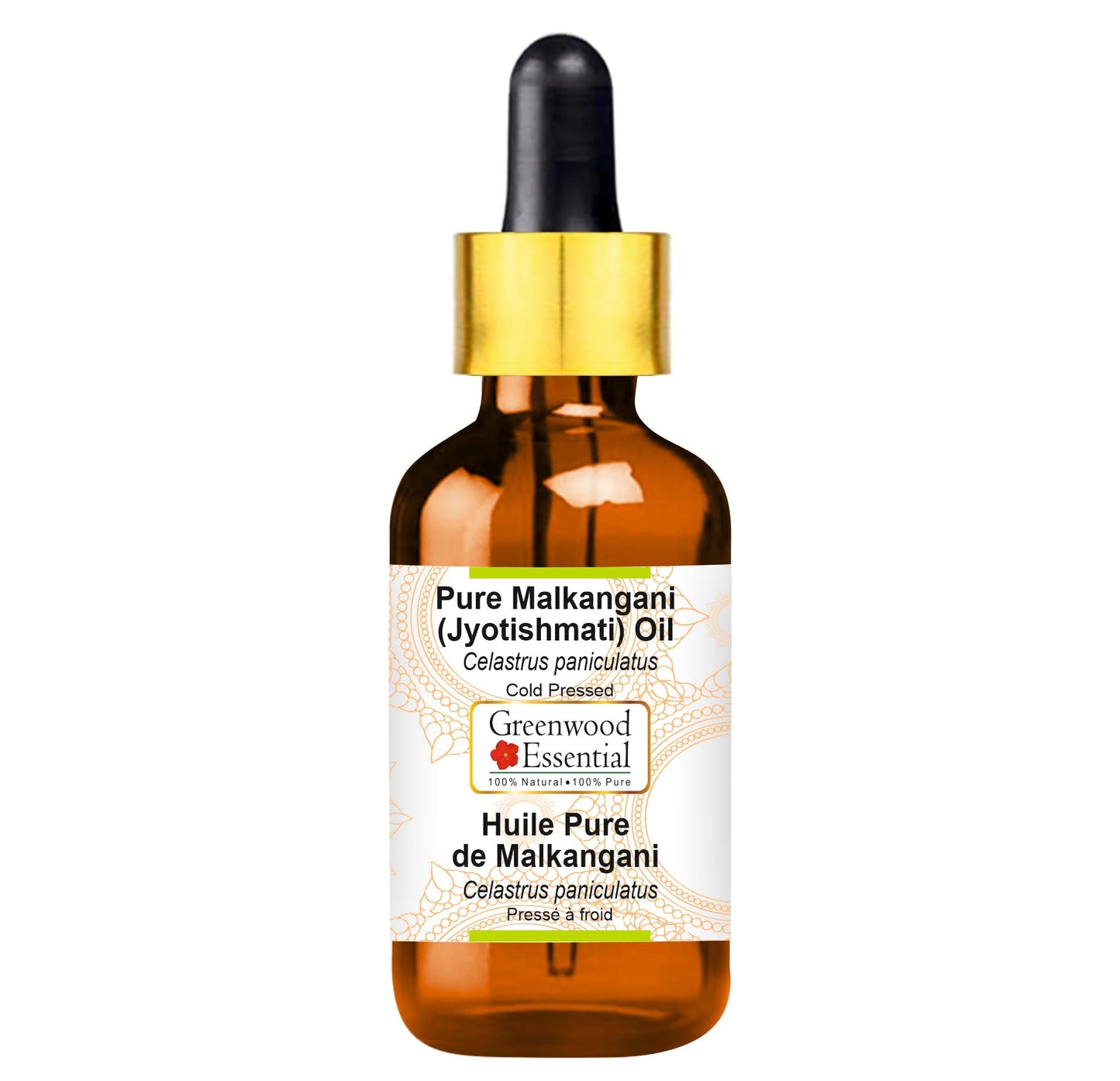 Greenwood Essential Malkangani (Jyotishmati) Oil (Celastrus paniculatus) with Glass Dropper | Cold Pressed | Natural | For Diluting Essential Oils | Skin & Massage | Unisex | 100ml (3.38 oz)