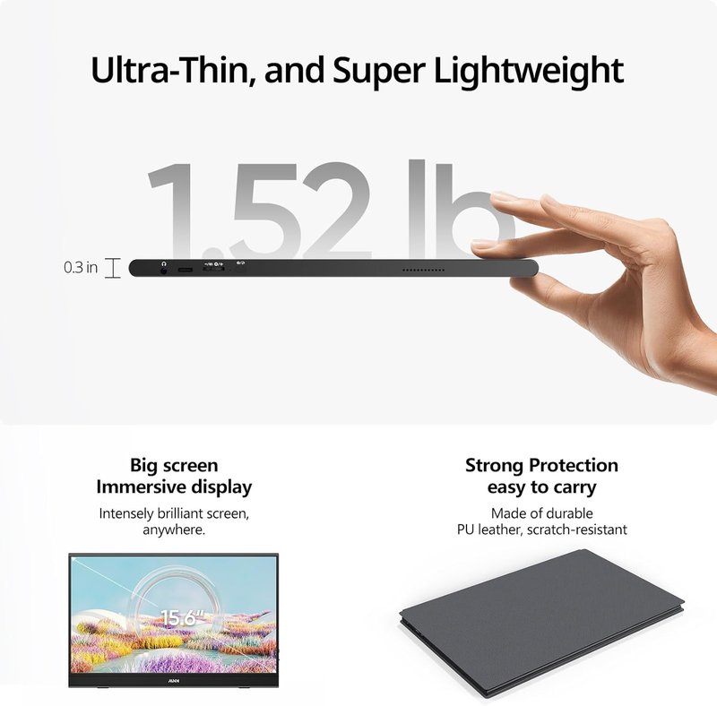 MNN Portable 15.6" FHD 1080P USB-C Gaming Monitor - Ultra-Slim IPS Display with Smart Cover & Speakers