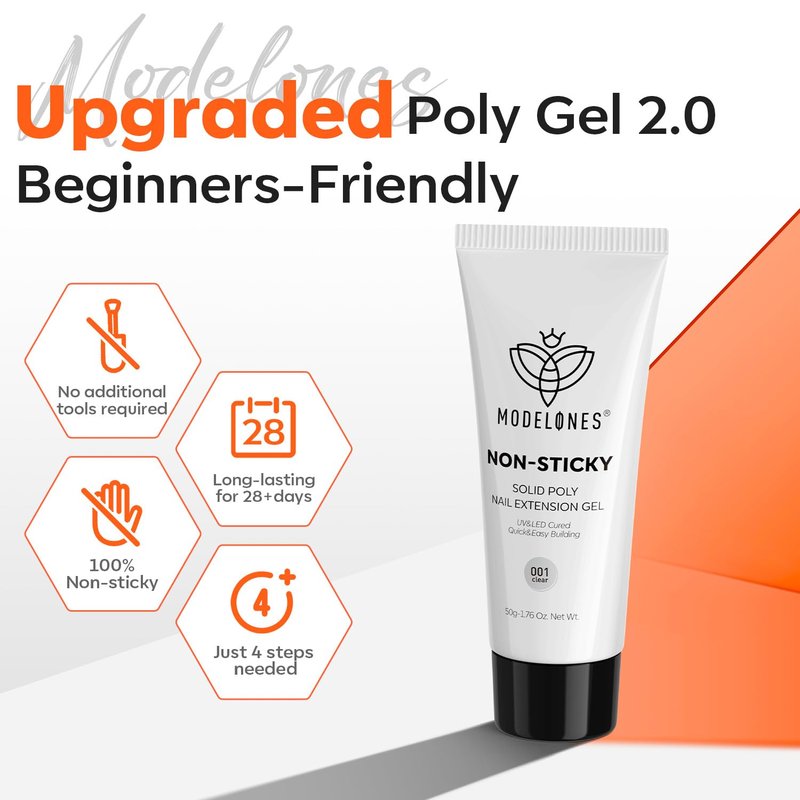 modelones Solid Builder Gel for Nails, Clear Poly Nail Gel Extension Non-Sticky Gel Nail Polish Apply Upgraded 3D Art Sculpting Molding Starter-friendly 50g